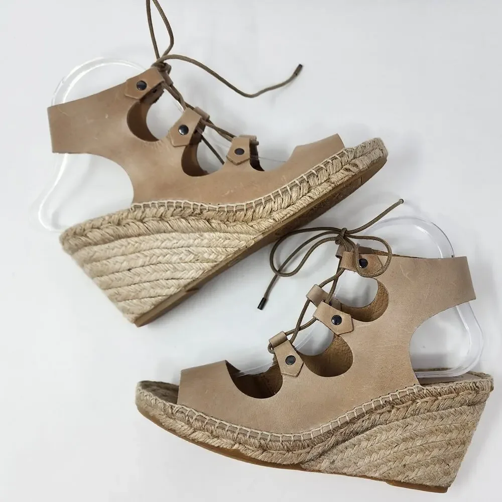 Carmen Saiz Espadrille Sandal Women 8.5M Beige Leather Strappy Jute Wedge Shoes
